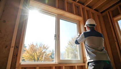Construction Worker Installing Window in New Home