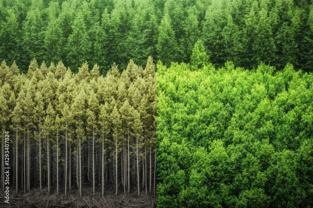 Aufkleber contrast of deforested land with dead trees and thriving lush forest highlights importance of nature