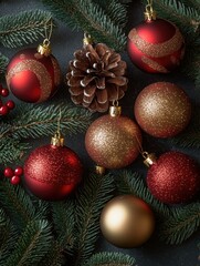 Christmas ornaments and pine cones on a bed of pine needles. Red, gold, and silver glittery baubles.