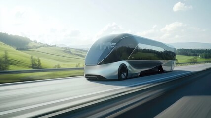 Futuristic electric truck driving on highway through scenic countryside. Net zero and carbon neutral concept