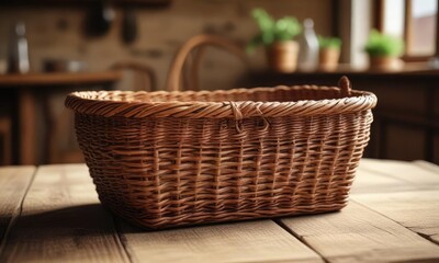 Obraz premium Wicker basket on a vintage wooden table with a soft focus effect , wicker, antique furniture