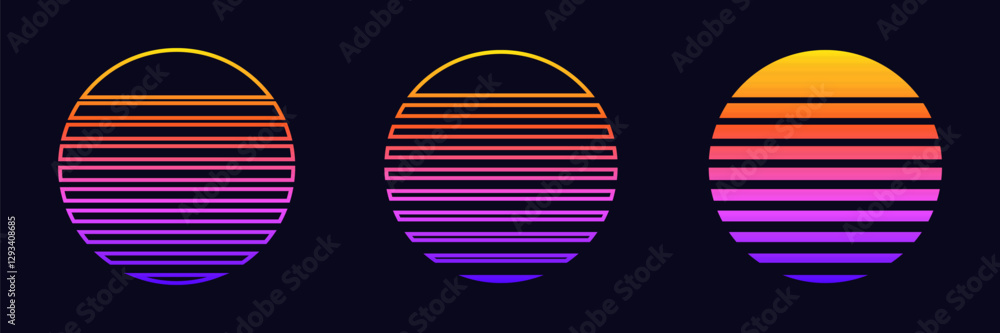 Poster three colorful ovals with horizontal stripes, showing a gradient from orange to purple.