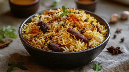 A flavorful Indian-inspired rice dish, rich with meat and seasoned with traditional spices for a hearty meal.
