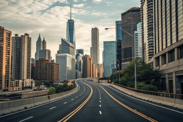 Obraz premium Wide shot of an asphalt road winding its way through the heart of a bustling city amidst towering skyscrapers, urban sprawl, asphalt road, city streets, modern cityscape, concrete highway
