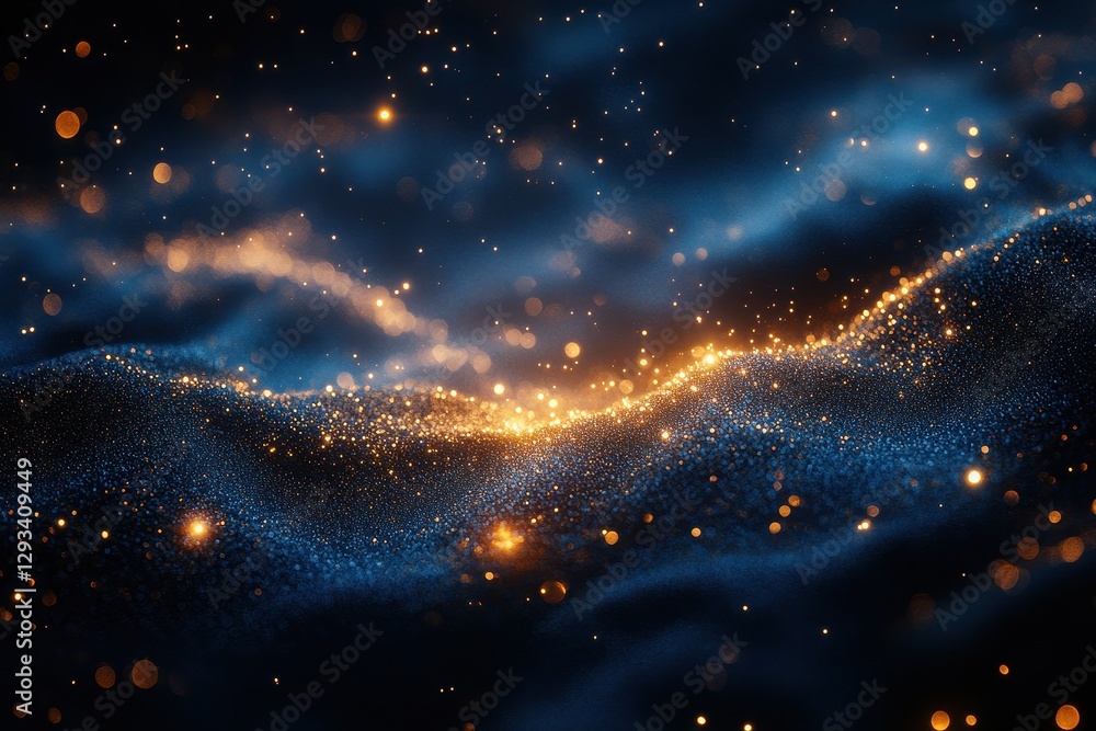 Poster sparkling particles create a mesmerizing wave of light in a dark space environment during a cosmic e