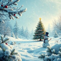 Obraz premium Winter wonderland with Christmas tree and snowman, , snowy trees, frosty landscape
