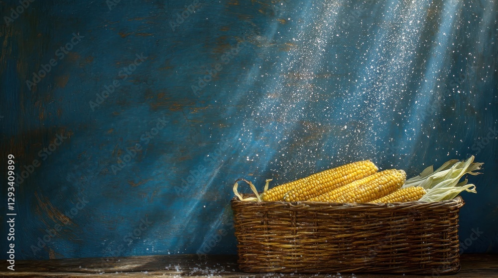 Aufkleber fresh yellow corn on cob in a rustic basket with rays of light shining through dark background