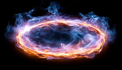 Abstract fiery ring, energy vortex, black background, graphic element, use in futuristic designs