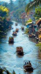Wooden Boats on Canal, Southeast Asian Village, Blurred Background