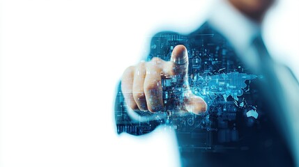A business professional interacts with digital technology, pointing to a holographic interface that represents data and innovation.