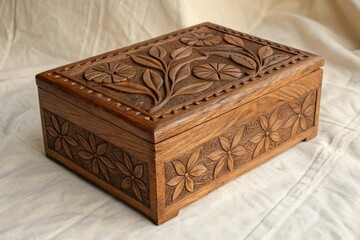 Wooden box with intricate carvings of leaves and flowers on a parchment texture background, interior design, furniture
