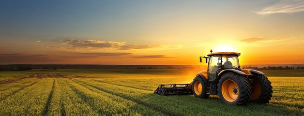 Tractor works on lush green grass while a farmer mixes chemicals for agricultural tasks in a blurred background.