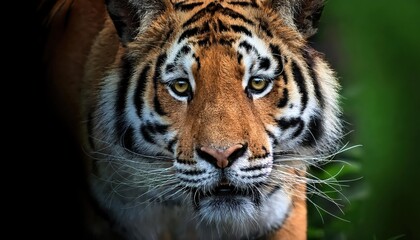 Naklejka premium Closeup Portrait of a Sumatran Tiger Powerful Stare Echoes Majestic Wilderness, Vivid Green Fur Glows in Jungles Dappled Light, Embracing the Primeval Beauty of Endangered Big Cat