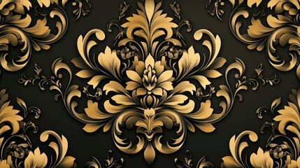 Elegant golden damask on a black background, with intricate ornate patterns, suitable for luxury branding, textured wallpaper designs or opulent decorative purposes.