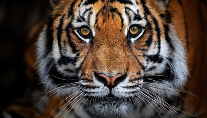 Naklejka premium Striking Sumatran Tigers Majestic Face in the Jungle Twilight, Emphasizing Power and Grace with Rich Amber Fur and Intense Eyes, Capturing the Regal Beast at its Most Vulnerable Moment.