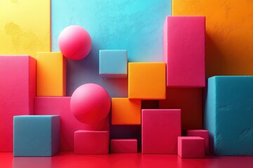 Obraz premium Colorful geometric shapes arranged in vibrant patterns on a solid background creating a playful and artistic atmosphere