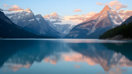 A tranquil mountain lake reflecting snow-capped peaks and the warm hues of the rising sun. The crystal-clear water mirrors the majestic landscape 