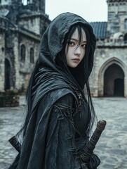 A young woman dressed in medieval attire, with a scythe weapon and an intense expression.