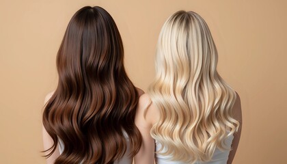 Fototapeta premium Two Women Showcasing Long Wavy Blonde and Brown Hair