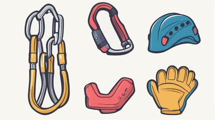 The image contains a set of six hand-drawn illustrations depicting various pieces of climbing equipment. These include two carabiners, a belay device, a climbing helmet, climbing gloves, and a