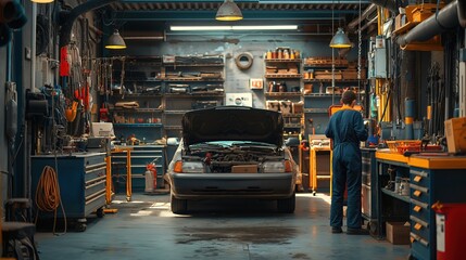 Fototapeta premium Car repair and maintenance services. Auto mechanic checks the car. Repair. Auto mechanic. Garage.