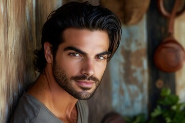 Fototapeta premium Rustic Kitchen Portrait Handsome man with dark hair and a beard poses against a rustic wall with a kitchen utensil hanging in the background.