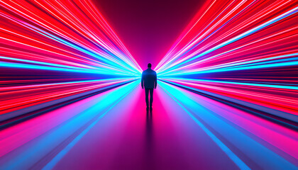 Fototapeta premium Man Walking Through Neon Light Speed Tunnel