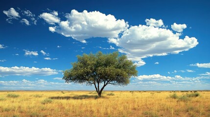 Lone tree in a vast, golden field under a vibrant blue sky with fluffy white clouds.