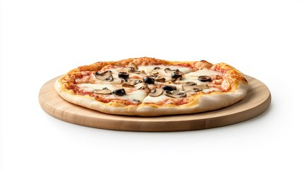 Freshly Baked Pizza with Mushrooms on Wooden Serving Board