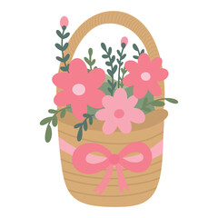 Cute Easter spring hand drawn basket with flowers with a coquette ribbon bow. Simple vector illustration Scandi style isolated on a white background
