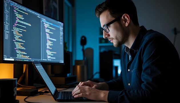 Focused Programmer Working Late at Night on Laptop