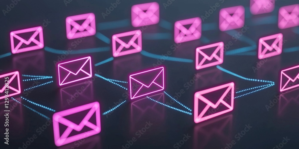 Poster marketing automation email concept. neon email icons connected by glowing lines on a dark background