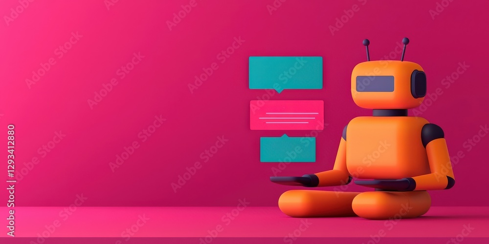 Aufkleber marketing automation email concept. a colorful robot interacting with chat bubbles on a pink backgro