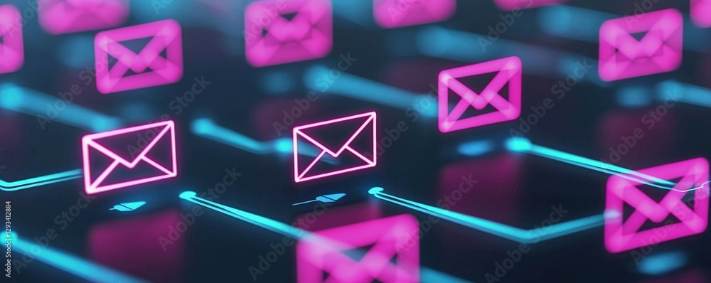 Poster marketing automation email concept. digital email icons connected by glowing lines in vibrant colors