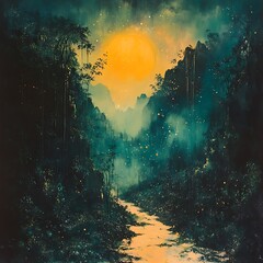 Obraz premium Enchanted Forest at Dusk with Moonlit Reflections and Ethereal Glow in a Mystical Landscape of Dark Mountains and Lush Foliage