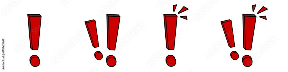 Poster a set of four red exclamation marks, each with a unique design and style.