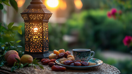 Elegant Ramadan Banner with Lantern, Coffee, and Traditional Sweets 