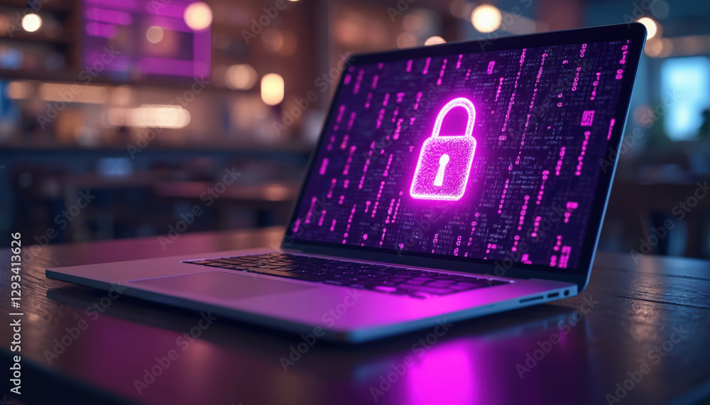 Aufkleber laptop displays purple padlock, symbolising privacy data cyber security. digital protection tech on 