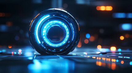 Blue glowing circular object in a city night scene