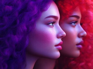 Obraz premium Close Up of Curly Hair in Vibrant Purple and Red Shades