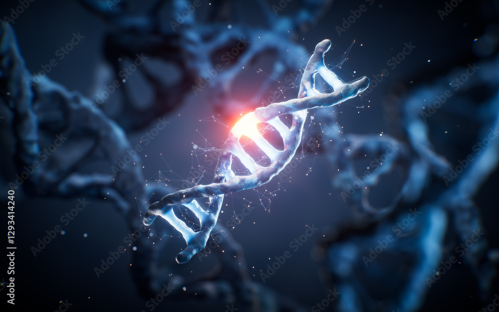 Poster biological dna structure with gene mutation concept, 3d rendering.