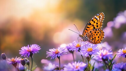 Obraz premium Orange Butterfly on Purple Flowers in Sunlight