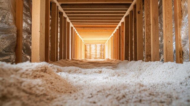 Insulation in the attic of a home. Cellulose insulation is blown into the attic to help keep the house warm in the winter and cool in the summer.