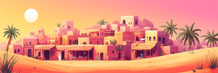 Desert Sunset with Palm Trees and Ancient City – Warm Aesthetic Landscape Illustration, ideal for travel blogs, adventure websites, desert tourism promotions, fantasy art, storytelling backgrounds, 