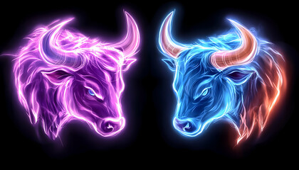 Abstract glowing bull heads contrasting colors. Stock photo of opposing forces