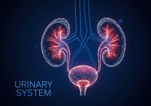 Futuristic human urinary system concept with glowing low polygonal kidneys and bladder on dark blue.