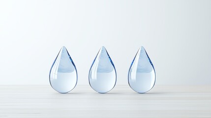 Three pristine water droplets aligned on white, symbolizing purity and conservation in a minimalist style.
