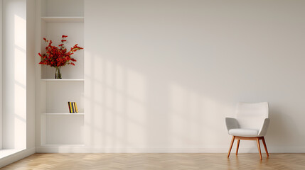 Minimalist Room Interior with White Chair and Flowers