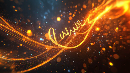 Abstract Golden Arabic Calligraphy Design Elegant Sparkling Waves Background Festive Holiday Illustration Luxurious Shiny Particles Swirling Light Trails Festive Celebration Design Background Texture 