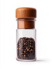 Black and brown peppercorns in a clear glass jar with a light brown wooden lid against a white background